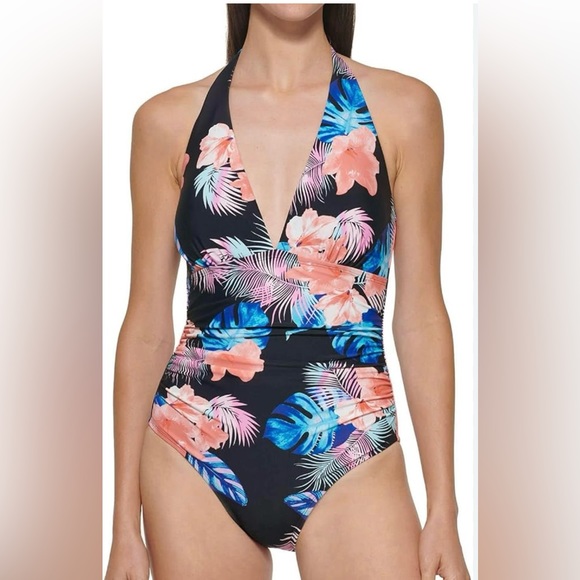 NWOT DKNY Women's One Piece Tummy Control Halter Neckline Swimsuit, Size XL - Picture 2 of 10